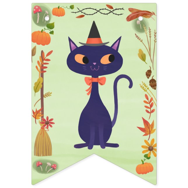 Cute Halloween Witch Cat Grönt Vimplar (Andra flaggan)