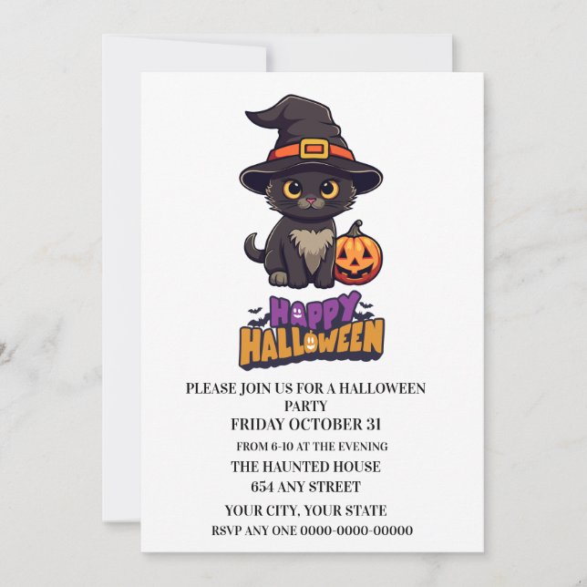 Cute Halloween Witch Cat med Pumpkin Inbjudningar (Framsida)