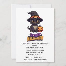 Cute Halloween Witch Cat med Pumpkin Inbjudningar