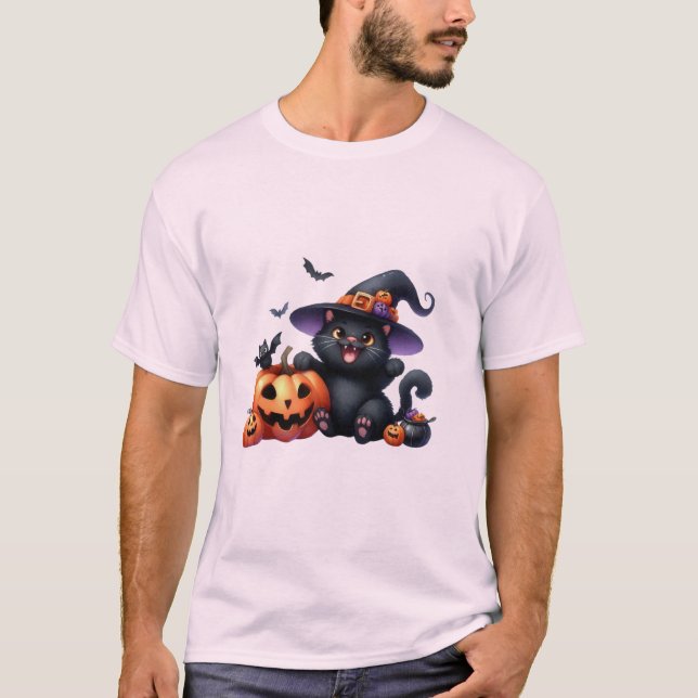 Cute Halloween Witch Cat & Pumpkin Friend  🐾🎃 T Shirt (Framsida)