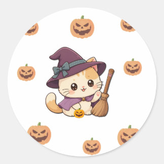 Cute Halloween Witch Cat Sticker Runt Klistermärke