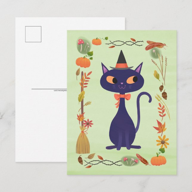Cute Halloween Witch Cat Vykort (Fram/baksida)