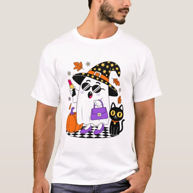 Cute Halloween Witch Ghost Manar mot Shirt T (Framsida)