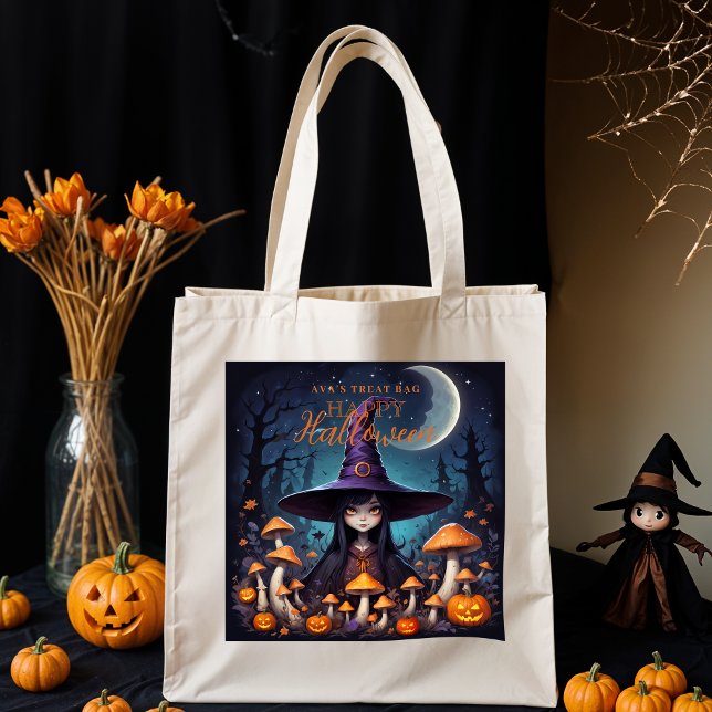 Cute Halloween Witch in Spooky Scene with Pumpkins Tygkasse (Funny Little Halloween Witch in Eerie Landscape with Pumpkins & Magical Mushrooms with Name's TreaT.)