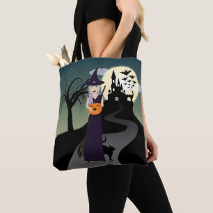 Cute Halloween Witch, Lycklig Pumpkin och Black Ca Tygkasse