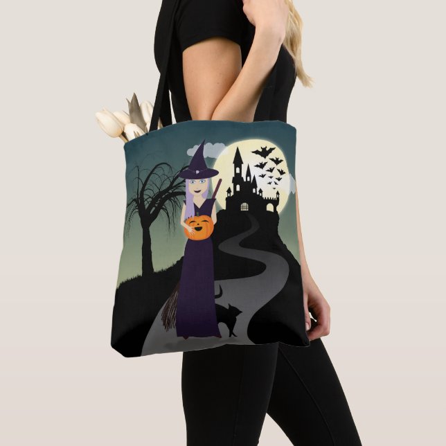 Cute Halloween Witch, Lycklig Pumpkin och Black Ca Tygkasse (Närbild)
