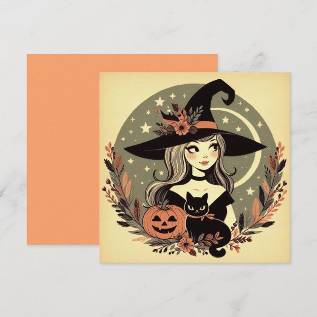 Cute Halloween Witch med Black Cat och Pumpkin Kort (Fram/baksida)