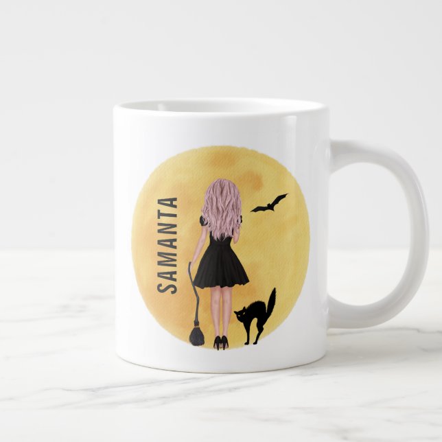 Cute Halloween Witch med full måne och svart katt Jumbo Mugg (Höger)