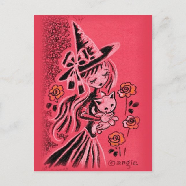 Cute Halloween Witch med Kitten Vykort (Framsida)