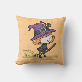Cute Halloween Witch och Cat | Dekorativ kudde