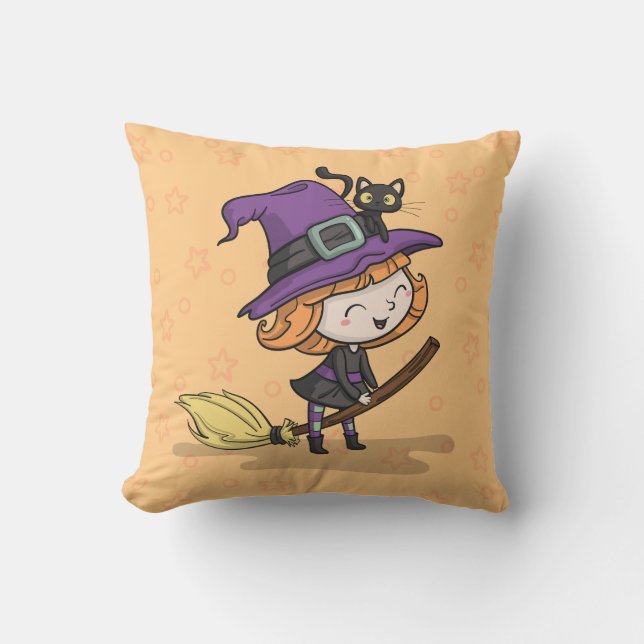 Cute Halloween Witch och Cat | Dekorativ kudde (Framsida)