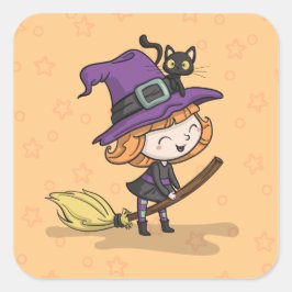 Cute Halloween Witch och Cat | Fäst Fyrkantigt Klistermärke