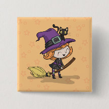 Cute Halloween Witch och Cat | Knapp