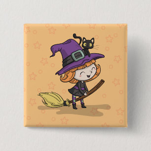 Cute Halloween Witch och Cat Knapp