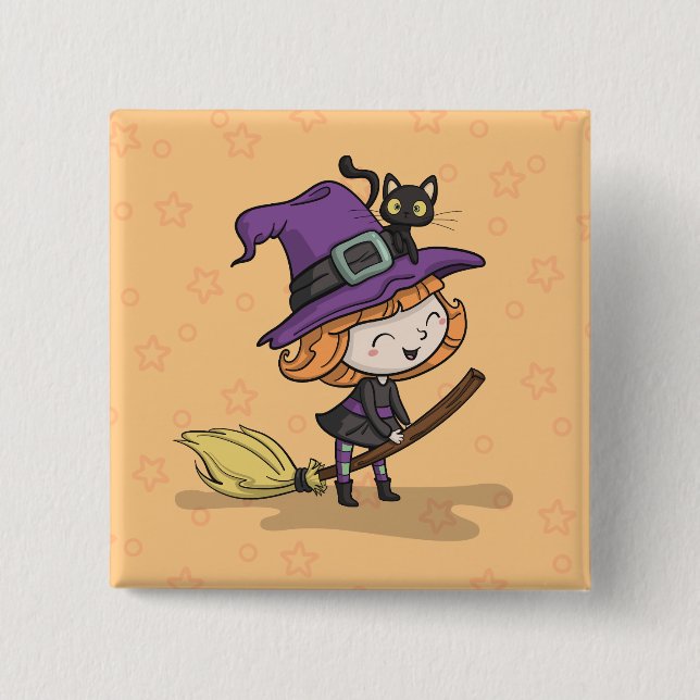Cute Halloween Witch och Cat | Knapp (Framsida)