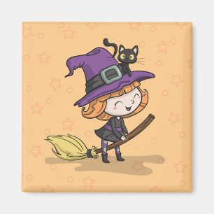 Cute Halloween Witch och Cat Magnet