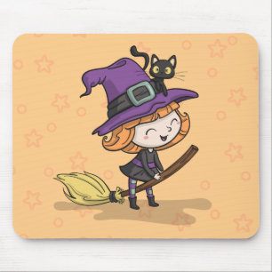Cute Halloween Witch och Cat Mousepad Musmatta