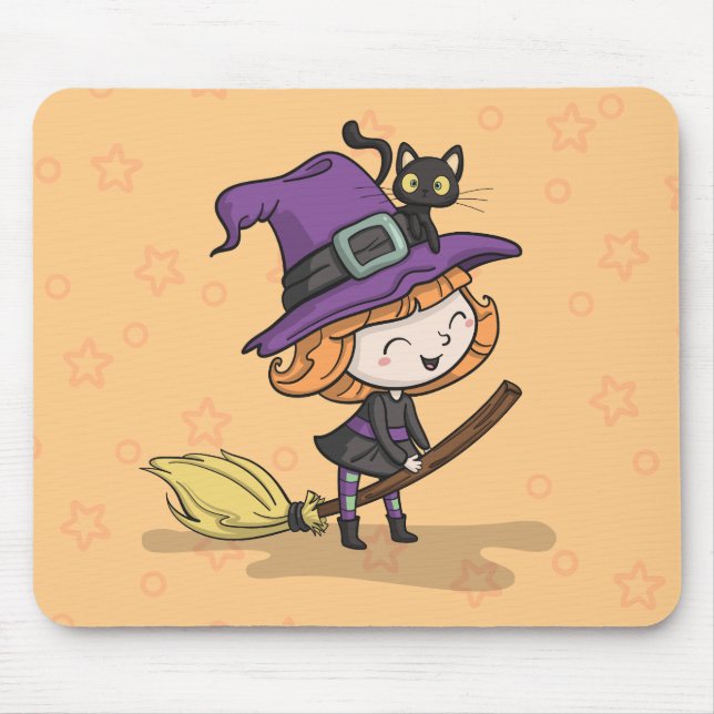 Cute Halloween Witch och Cat | Mousepad Musmatta (Framsidan)