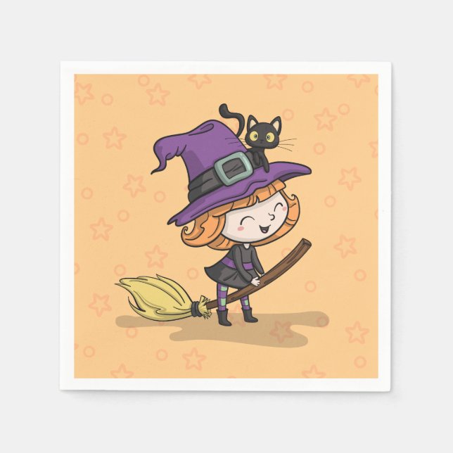 Cute Halloween Witch och Cat | Napkin Pappersservett (Framsidan)