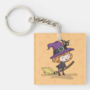 Cute Halloween Witch och Cat Nyckelkedja