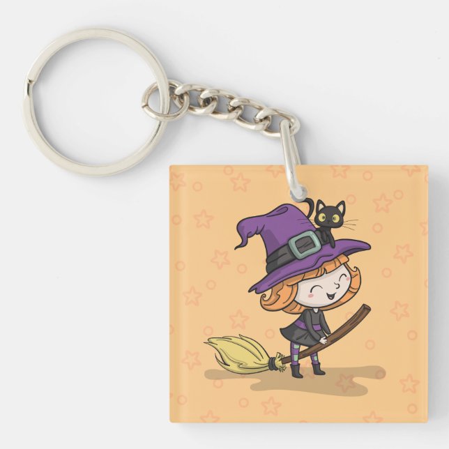 Cute Halloween Witch och Cat | Nyckelkedja (Framsidan)