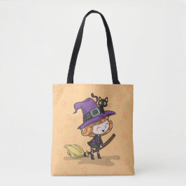 Cute Halloween Witch och Cat | Tote Bag Tygkasse