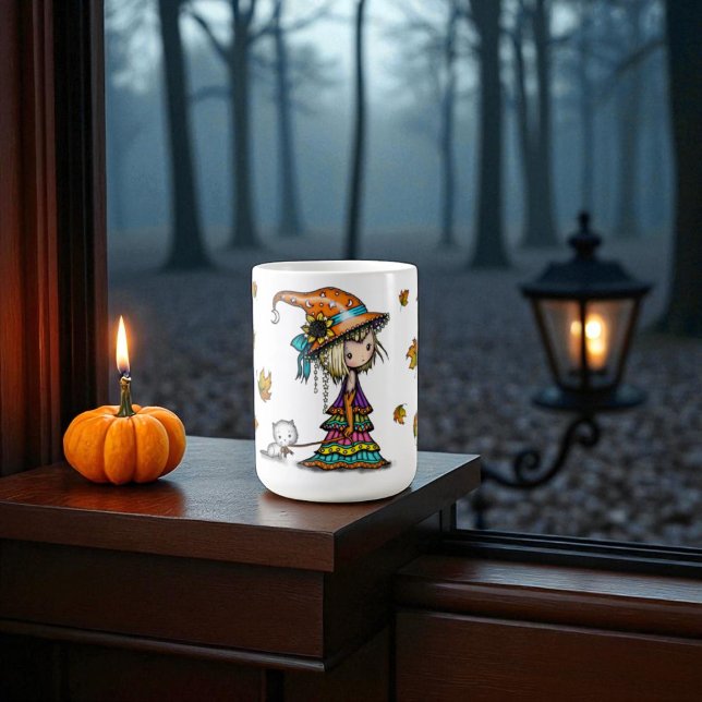 Cute Halloween Witch och Kitten med Höst löv Kaffemugg (Skapare uppladdad)