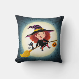 Cute Halloween Witch på Broom med Kat och Pumpkin Kudde