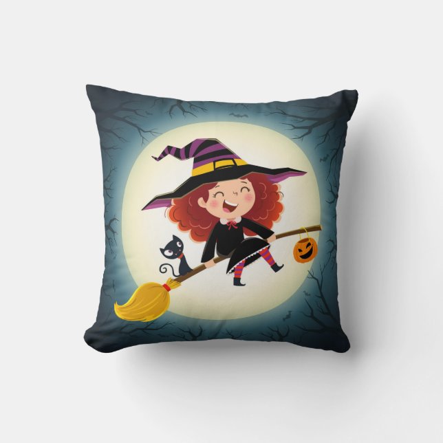 Cute Halloween Witch på Broom med Kat och Pumpkin Kudde (Framsida)