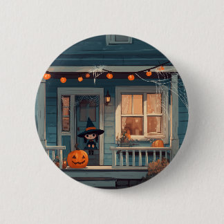 Cute Halloween Witch på Spooky Porch - Button Knapp