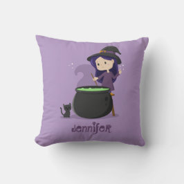 Cute Halloween Witch Stirring Smälter Pot Lila Kudde