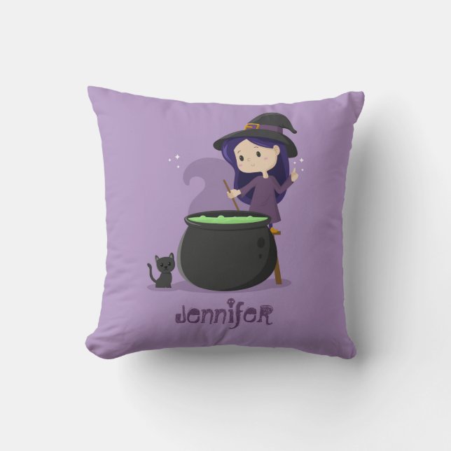 Cute Halloween Witch Stirring Smälter Pot Lila Kudde (Framsida)