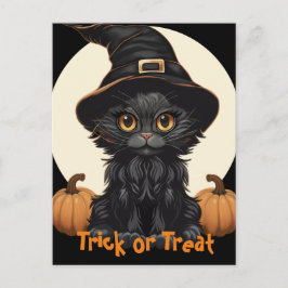 Cute Halloween Witches Cat with Hat and Pumpkins Vykort