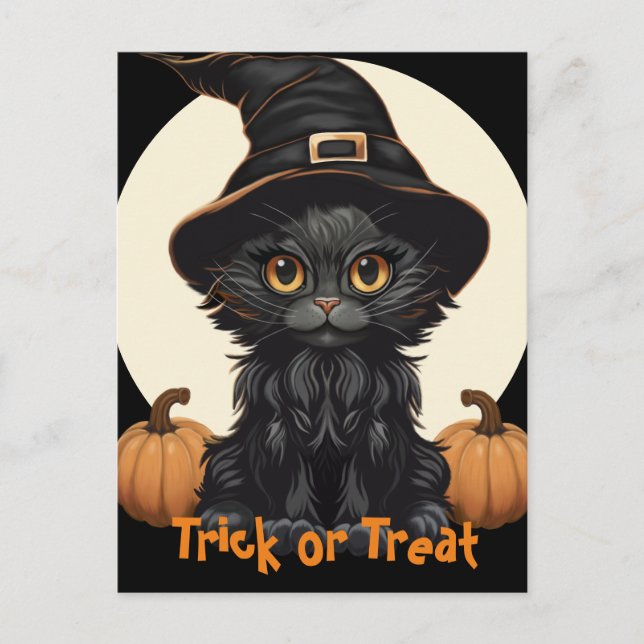 Cute Halloween Witches Cat with Hat and Pumpkins Vykort (Framsida)