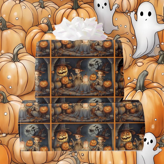 Cute Halloween Witches & Pumpkins Birthday Presentpapper (Skapare uppladdad)
