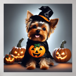 Cute Halloween Yorkshire Terrier Puppy Witch Hat Poster