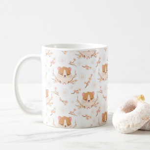 Cute Hamster Ansikte och Rosa Flowers Mönster Kaffemugg