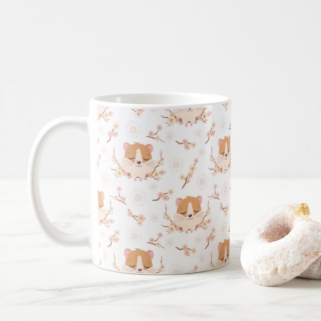 Cute Hamster Ansikte och Rosa Flowers Mönster Kaffemugg (Med munk)