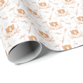 Cute Hamster Ansikte och Rosa Flowers Mönster Presentpapper