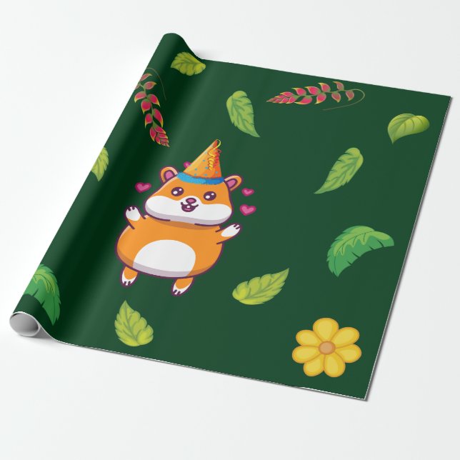 Cute Hamster Botanical Thned Barn Födelsedagsfest Presentpapper (Utrullad)