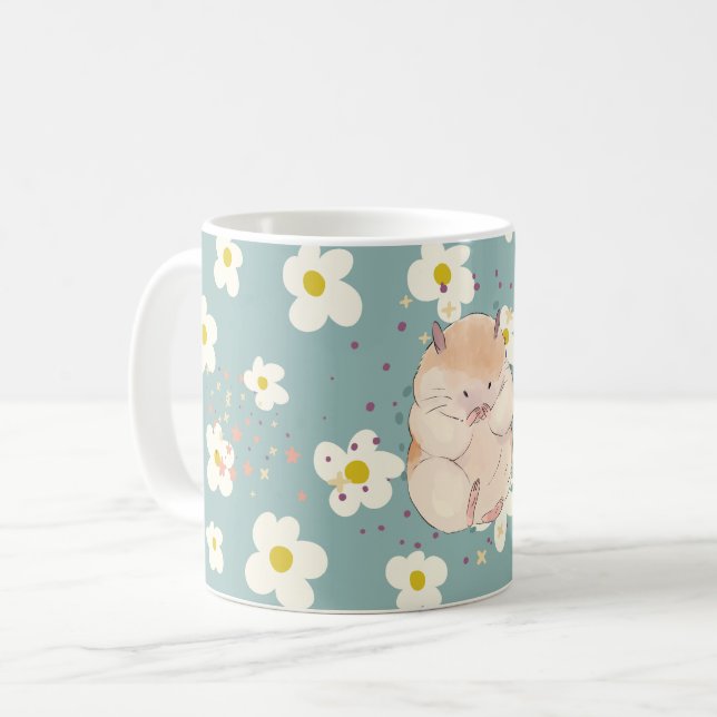 Cute Hamster & Daisy Pattern Mug – Sweet PastelMug Kaffemugg (Framsida vänster)