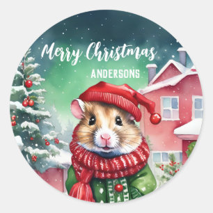 Cute Hamster Julgran födelsedag snö party Runt Klistermärke