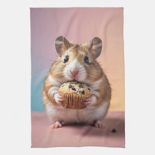 Cute Hamster med Chocolate Chip muffin Pastel Kökshandduk (Vertikal)