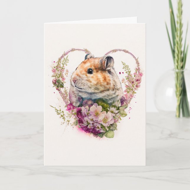 Cute Hamster med Rosa Flowers Valentindag Helgkort (Framsida)