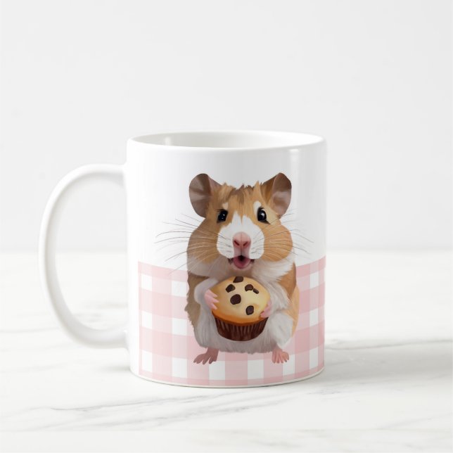 Cute Hamster with Muffin Rosa Gingham Check Kaffemugg (Vänster)