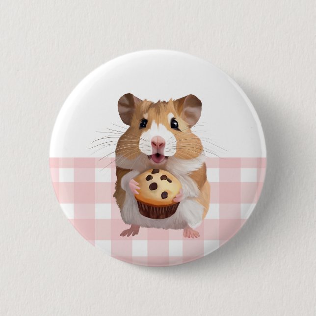 Cute Hamster with Muffin Rosa Gingham Check Knapp (Framsida)