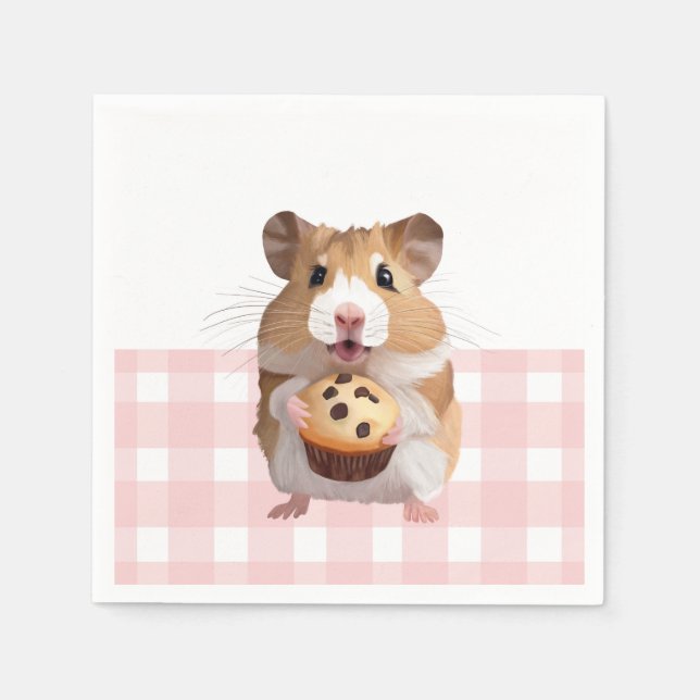 Cute Hamster with Muffin Rosa Gingham Check Pappersservett (Framsidan)