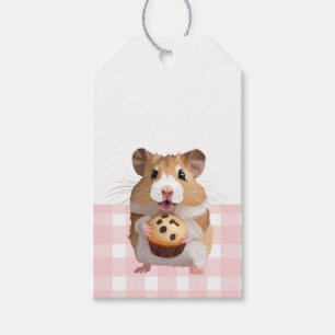Cute Hamster with Muffin Rosa Gingham Check Presentetikett