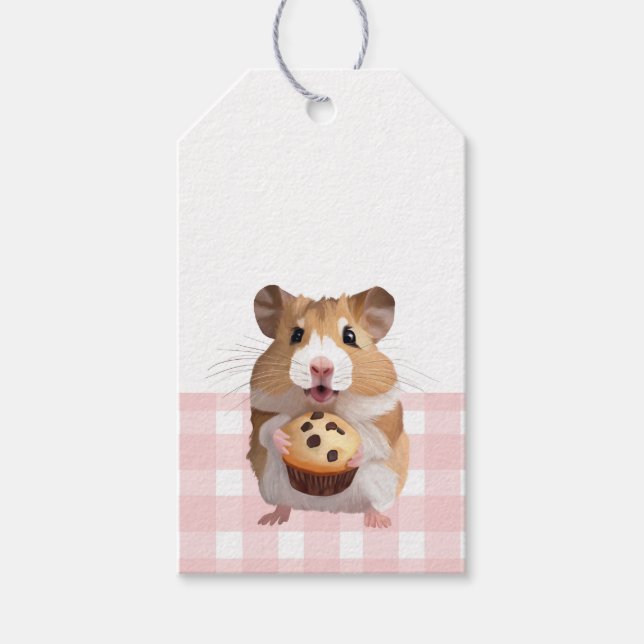 Cute Hamster with Muffin Rosa Gingham Check Presentetikett (Framsidan)