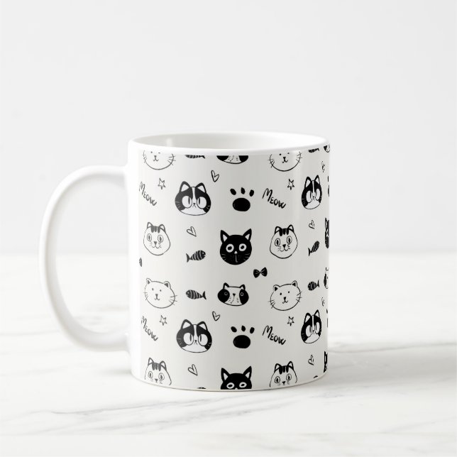 Cute Hand-drawn Cat Faces Doodle Pattern Kaffemugg (Vänster)